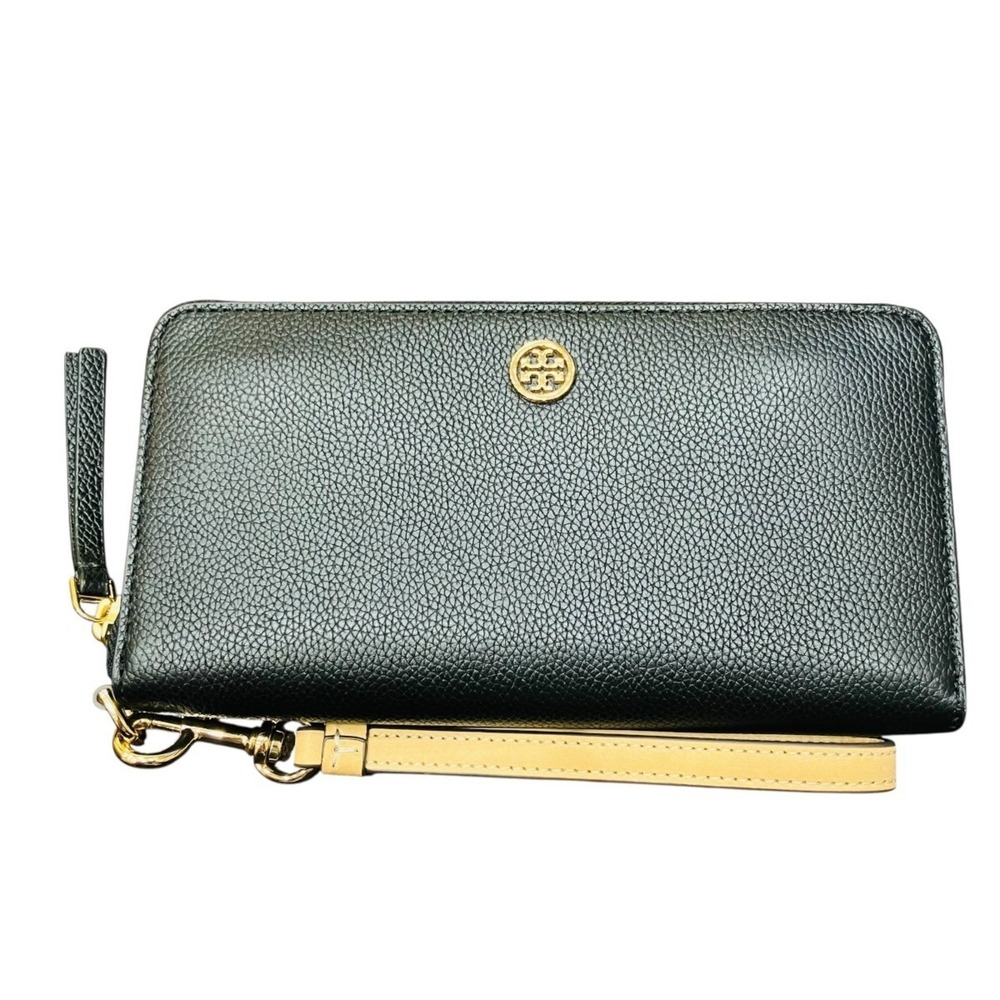 Tory Burch round zip wallet, long Robinson leather.
